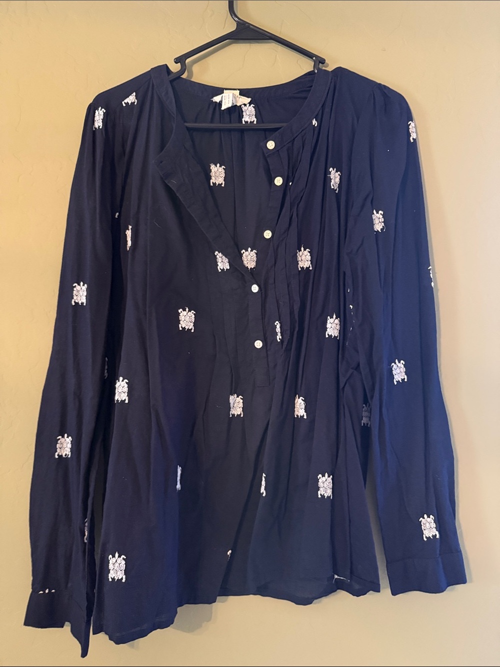 LOFT Navy Long-Sleeve Embroidered Button Henley